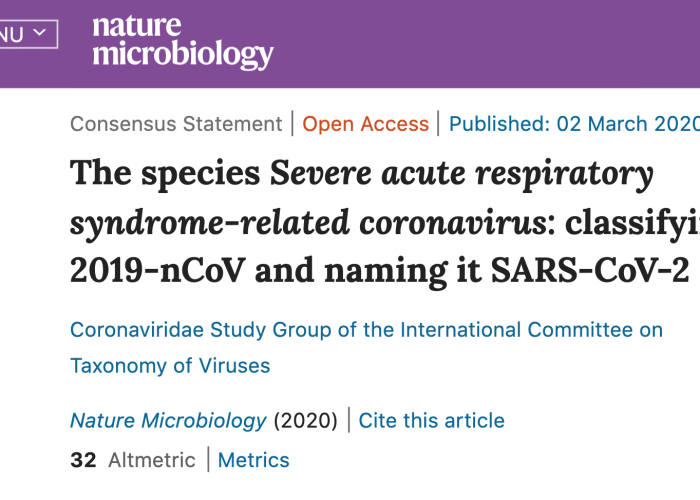 新冠病毒正式命名为SARS-CoV-2，中文名为严重急性呼吸综合征冠状病毒2型